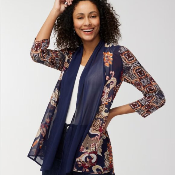 Chico's Tops - Chico's Mixed Soiree Tile Long Jacket open front kimono semi sheer size L